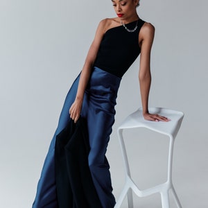Navy Silk Maxi Skirt: Bias Cut Satin Long Skirt