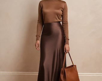 スカート Double Satin Long Skirt / Brown Satin Maxi Length Skirt Brown 100% Real Silk Maxi Long A