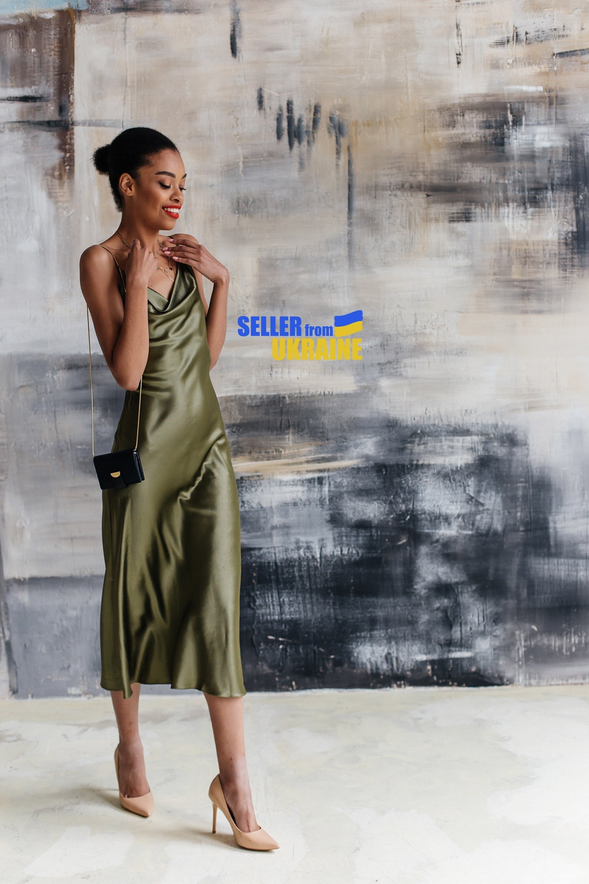 Sale Khaki Silk Slip Midi Dress Silk 