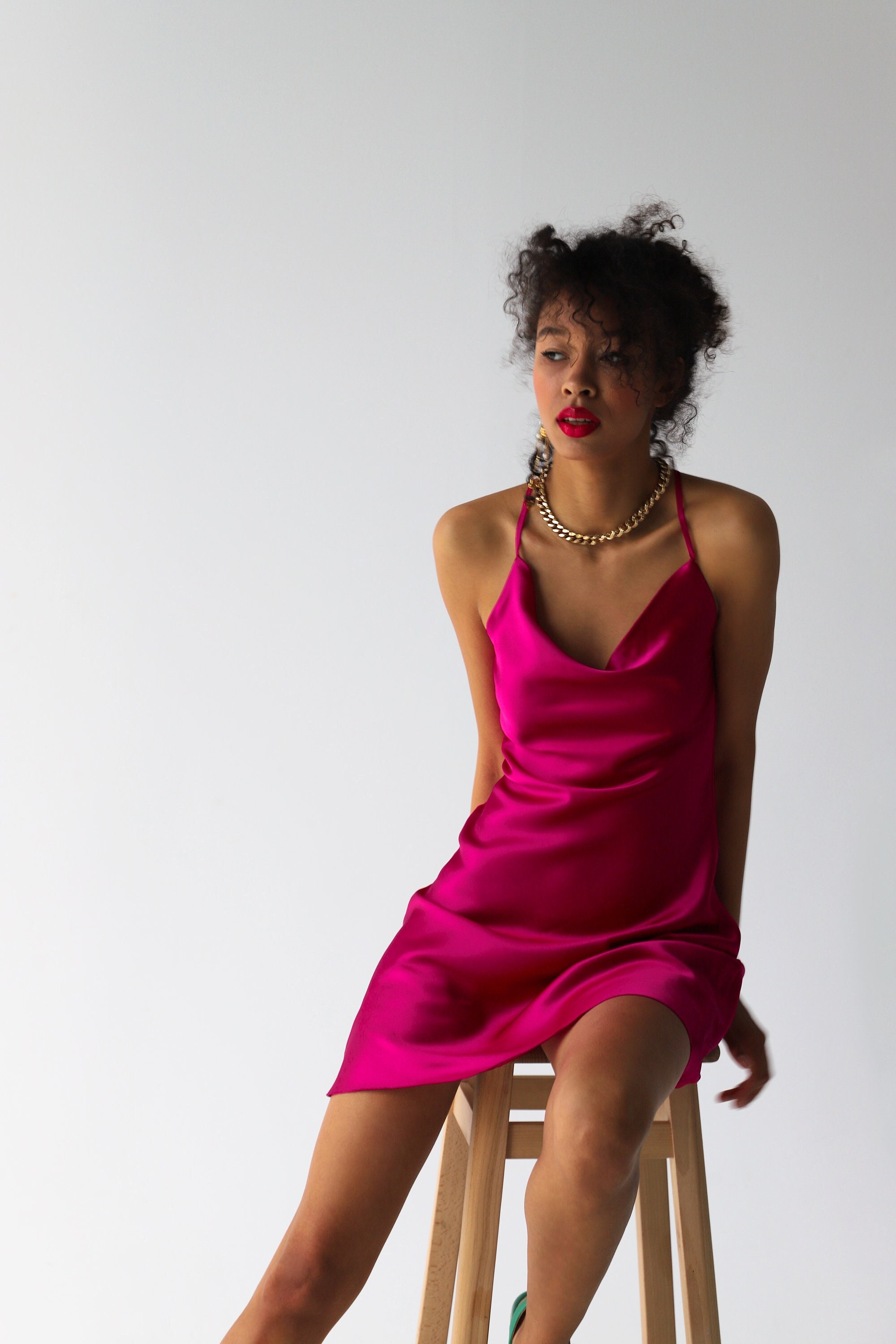 ASOS DESIGN babydoll satin midi slip dress in hot pink