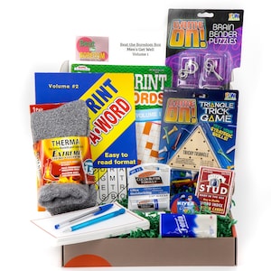 Mens Get Well Soon Gift Box Non-Food Gift Basket Tricky Triangle Game Metal Brain Bender Socks Playing Cards Puzzle Books