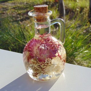 Glass Cruet,Dried Australian Native Flowers,Dried Australian Wild Flowers.Dried flowers.Preserved flowers. Herbarium. Flower in bottle