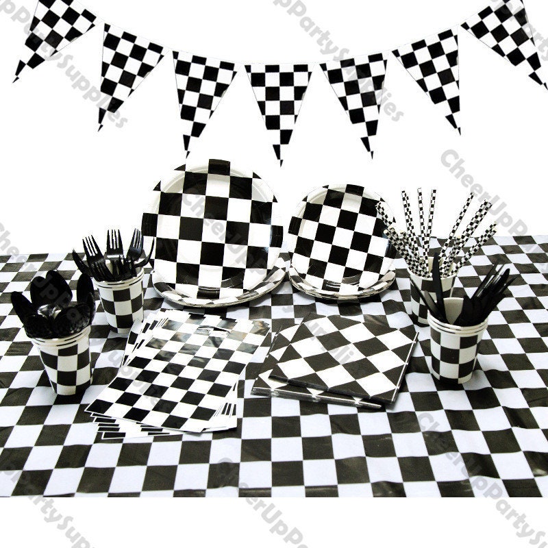 Black and White Buffalo Check and Floral Paper Plates