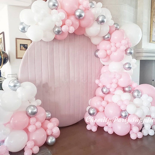 White Pink Silver Balloon Birthday Arch Backdrop Kit