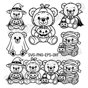 Pode incluir: Ilustrações a preto e branco de ursinhos de peluche com fantasias de Halloween. Os ursos estão vestidos de bruxa, abóbora, vampiro, fantasma e múmia, cada um segurando uma lanterna de abóbora. A imagem inclui o texto "SVG-PNG-EPS-DXF".