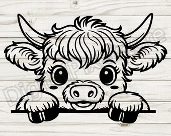 Peeking Highland Cow Svg, Cute Peeking Highland Cow, Highland Cows Png, Cute Baby Farm Animal Svg for Cricut, Silhouette, Digital Download