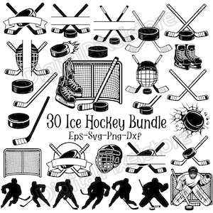 May include: A black and white digital illustration bundle featuring 30 ice hockey-themed graphics. Includes hockey sticks, pucks, helmets, skates, nets, and player silhouettes. The text "30 Ice Hockey Bundle" is displayed.