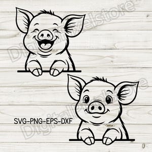 May include: Two black and white illustrations of smiling pigs. The top pig has a wide open mouth, and the bottom pig has a closed mouth smile. The text "SVG-PNG-EPS-DXF" is at the bottom.