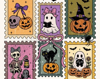 Retro Halloween Stamp PNG: Ghost Coquette Bow, Pumpkin (Digital Download)