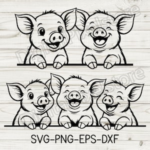 Puede incluir: Ilustración en blanco y negro de seis cerdos de dibujos animados con caras sonrientes y orejas grandes. Los cerdos están dispuestos en dos filas de tres, cada uno pareciendo asomarse por encima de una línea horizontal. Incluye el texto "SVG-PNG-EPS-DXF".