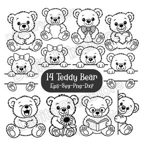 Op de afbeelding: Zwart-wit illustratie van 14 teddyberen in verschillende poses. Sommige beren hebben strikken, een vlinderdas of houden een bloem en een boek vast. De tekst "14 Teddy Bear" wordt weergegeven in een zwart ovaal.