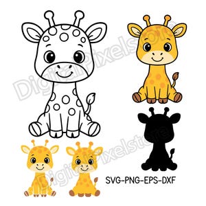 Puede incluir: Una colección de ilustraciones de jirafas en varios estilos. Incluye un contorno en blanco y negro, una jirafa a color y una silueta. Las jirafas están sentadas con las piernas extendidas y tienen manchas. El texto "SVG-PNG-EPS-DXF" está en la parte inferior.