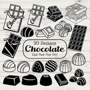 Könnte beinhalten: Schwarz-weiße Vektorgrafik verschiedener Schokoladen, darunter Schokoriegel, verpackte Riegel und Pralinen. Das Bild enthält den Text "20 Designs Chocolate" und Dateitypoptionen.
