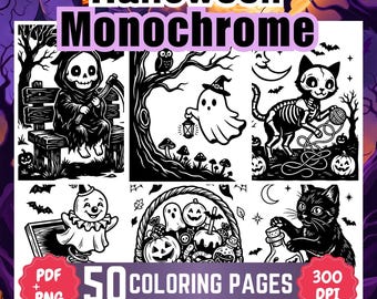 Monochrome Halloween Coloring Book Pages, Spooky Gothic Printable, 50 Designs (PDF, PNG Download).