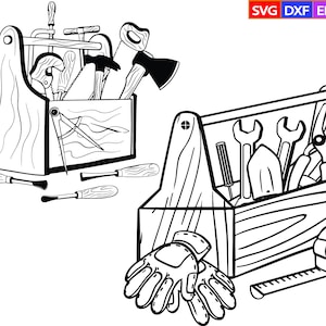 Op de afbeelding: Een zwart-witte lijntekening van twee open gereedschapskisten gevuld met verschillende gereedschappen. De gereedschapskist aan de linkerkant bevat een kompas, een zaag, een hamer en andere gereedschappen. De gereedschapskist aan de rechterkant bevat een meetlint, een sleutel, een schop en andere gereedschappen.