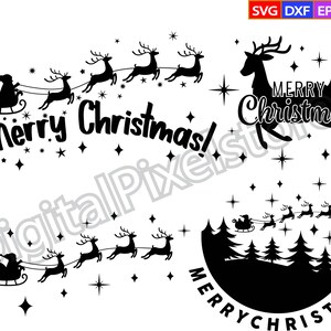 Op de afbeelding: Zwart-wit silhouetontwerp van Sinterklaas in een slee getrokken door rendieren met de tekst "Merry Christmas!" en een tweede ontwerp van Sinterklaas in een slee getrokken door rendieren met de tekst "Merry Christmas" in een cirkel.