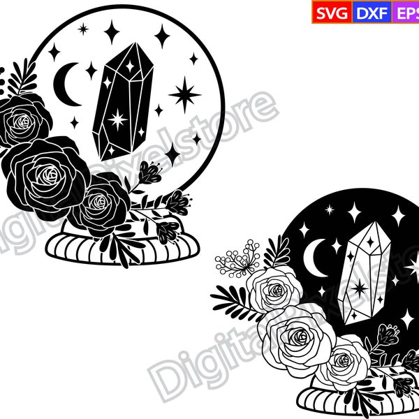 May include: Black and white illustration of a crystal ball with a large crystal, crescent moon, stars, and floral elements. The design includes roses and other botanical details, perfect for a mystical theme.