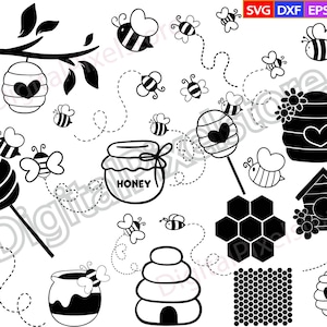 Könnte beinhalten: Schwarz-weißes digitales Clipart-Set mit Bienen-Motiven.  Enthält Bienen, Honiggläser, Waben, einen Bienenstock und ein Vogelhaus.