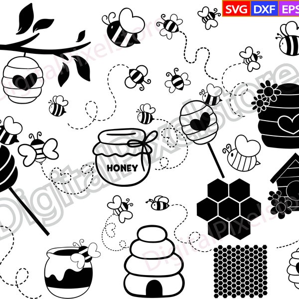 Bee SVG Bundle, Bee SVG, bumble bee svg, Honey Clipart, honeybee svg, honeycomb svg, bee png, archivo de corte de abeja, panal, silueta de abeja, Bee path svg, Png