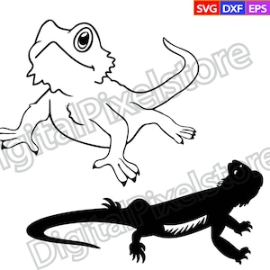 May include: Black and white line art of two lizards. One is a detailed outline of a bearded dragon, the other is a solid black silhouette. The image also includes the text "SVG DXF EPS PNG" in the upper right corner.