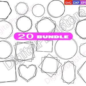 Op de afbeelding: Een set van 20 geometrische framevormen, waaronder cirkels, vierkanten, zeshoeken en harten. De frames zijn zwart-wit en perfect om een moderne touch aan je ontwerpen toe te voegen.