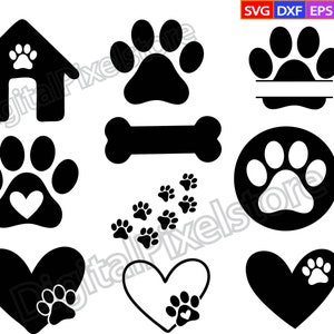 May include: A set of 10 black and white dog paw print SVG cut files. The set includes a dog house, bone, paw print, heart, and circle with a paw print inside. The paw prints are in various sizes and orientations.