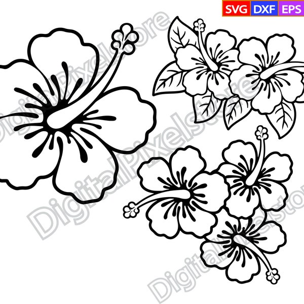 Hibiscus Svg,Hibiscus Outline,Tropical Flowers,Floral Svg,Flower Svg,Hawaiian Flower Svg,silhouette svg,Png,Eps,Dxf,Vector,Digital Download