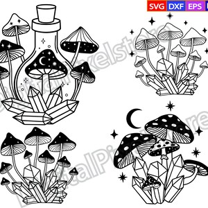 May include: Black and white line art illustration of four different arrangements of mushrooms and crystals. The first arrangement features a bottle filled with mushrooms and crystals. The second arrangement features a cluster of mushrooms growing from crystals. The third arrangement features a cluster of mushrooms growing from crystals. The fourth arrangement features a cluster of mushrooms growing from crystals.