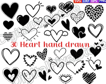 Handgetekende hart SVG-bundel: krabbelschets, Valentijnsdag (digitale download)