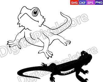 Puede incluir: Ilustración en blanco y negro de dos lagartos. Uno es un contorno detallado de un dragón barbudo, el otro es una silueta negra sólida. La imagen también incluye el texto "SVG DXF EPS PNG" en la esquina superior derecha.