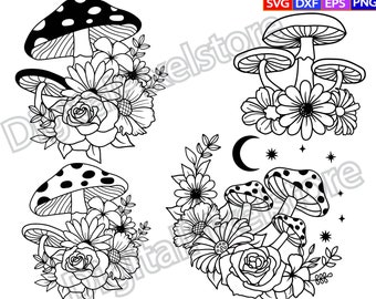 May include: A set of four black and white line art illustrations featuring mushrooms and flowers. The mushrooms have white spots and are surrounded by flowers, including roses and daisies.