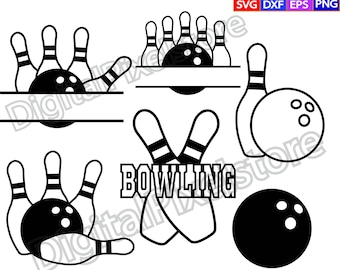 Può includere: Silhouette nera e bianca di birilli e palle da bowling. L'immagine include un design diviso con il testo "BOWLING" al centro.