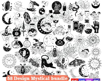 Può includere: Un set di 58 elementi di design mistico in bianco e nero, tra cui lune, stelle, cristalli, gatti, farfalle, funghi e altro ancora. I design sono perfetti per l'artigianato, lo scrapbooking e i progetti digitali.