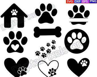 Lot d'empreintes de pattes SVG : coeur, chien, chat, animal de compagnie (téléchargement instantané)