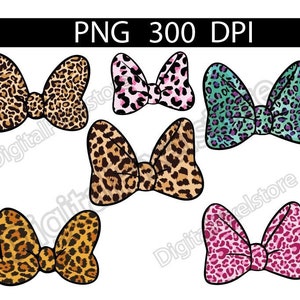 May include: A collection of six bow designs with a leopard print pattern in various colors. The bows are in shades of brown, pink, and teal. The text "PNG 300 DPI" is at the top of the image.