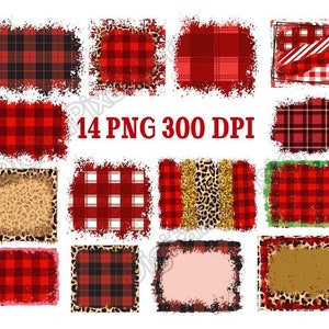 May include: 14 digital clipart images of red and black buffalo plaid with distressed edges. The images are 300 DPI and include various patterns and textures.