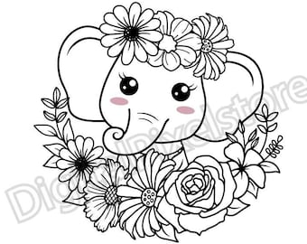 Floral Baby Elephant SVG, Cute Outline (Digital Download)