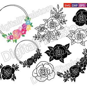 May include: A set of 8 black and white floral wreath and floral elements. The wreaths are circular and feature a variety of flowers and leaves. The floral elements are individual flowers and leaves that can be used to create custom designs.