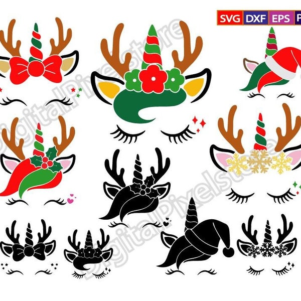 Christmas Unicorn Svg,Snowflake Unicorn Svg,Unicorn Face,reindeer face svg, Reindeer Unicorn,Png,Eps,Svg files for cricut,Instant Download