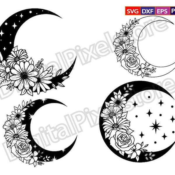 Floral Crescent Moon SVG: Celestial Boho Vector Image (Digital Download)