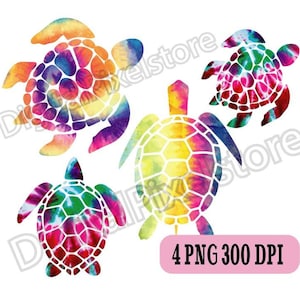 May include: Four tie-dye sea turtle silhouettes in various colors, including pink, blue, green, yellow, and orange. The image includes the text "4 PNG 300 DPI".