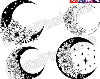 Floral Crescent Moon SVG: Celestial Boho Vector Image (Digital Download)