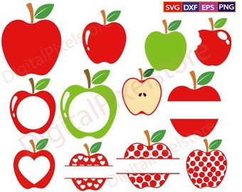 May include: A set of ten red and green apple SVG cut files. The apples are in various styles, including whole apples, half apples, and apples with polka dots. The files are perfect for creating crafts, decorations, and more.