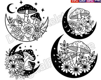 May include: Four black and white illustrations of crescent moons with mushrooms and flowers. Each moon has a different arrangement of mushrooms and flowers.
