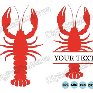 May include: Red silhouette of a lobster with the text "YOUR TEXT" in a banner below. The lobster is facing forward with its claws raised. The image is suitable for crafting projects, such as vinyl decals, iron-on transfers, and embroidery.