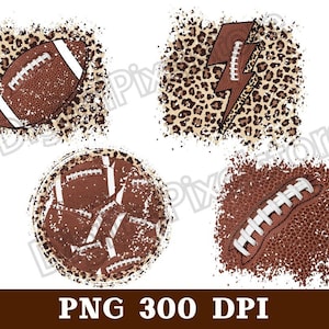 May include: Four digital clipart images featuring footballs and a lightning bolt on a leopard print background. The images are distressed and have a grunge effect.