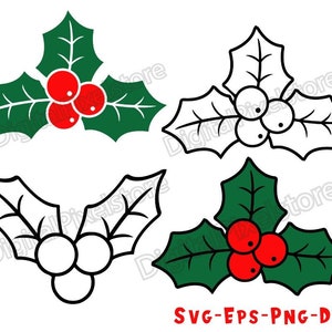 Puede incluir: Cuatro diseños diferentes de ramas de acebo con bayas rojas. Las hojas de acebo son verdes y tienen un contorno negro. Las bayas son rojas y tienen un contorno negro. Los diseños son de estilo simple y plano.