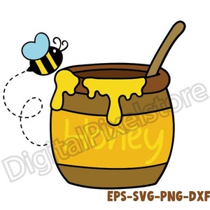 Könnte beinhalten: Eine Cartoon-Biene fliegt in der Nähe eines braunen Honigtopfs mit einem Holzlöffel, der aus der Oberseite herausragt. Der Honigtopf ist mit gelbem Honig gefüllt, der an den Seiten heruntertropft. Auf dem Honigtopf steht das Wort "Honey".