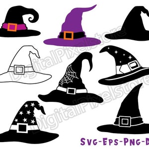 May include: Set of ten witch hat SVG cut files in black, white, and purple. The hats are in various styles, including pointed, wide-brimmed, and with stars and spiderwebs.