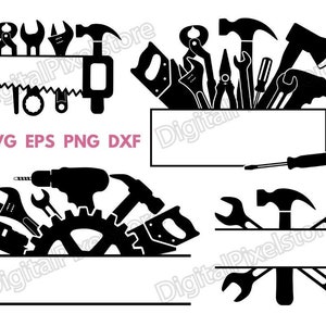 May include: Black and white silhouette of various tools, including a hammer, wrench, screwdriver, and saw. The tools are arranged in a circle around a gear. The text "SVG EPS PNG DXF" is at the bottom of the image.
